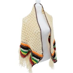 Vintage Handmade Crochet Shawl Poncho Cream Boho Fringe Tribal Pattern Festival